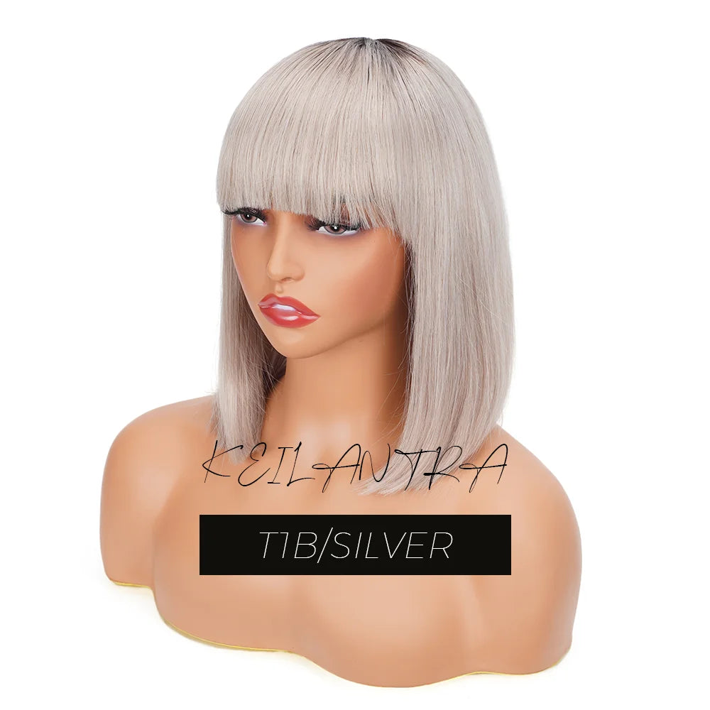 Straight Human Hair Bob Wigs with Bangs Remy Full Machine Made for Women Hightlight Burgundy Brown Colored BOB Wig