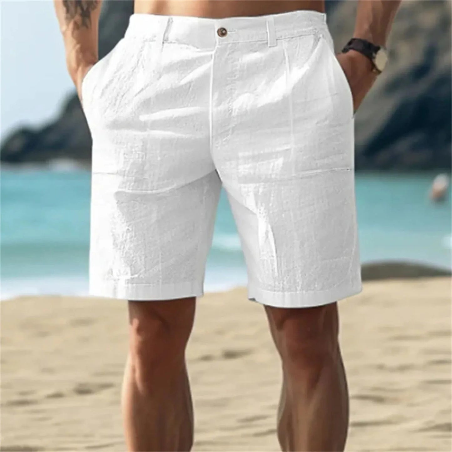 2025Men's Solid Color Casual Short Pants Linen Beach Breathable Comfortable Straight Short Trousers Hawaiian Holiday Men'S Pants