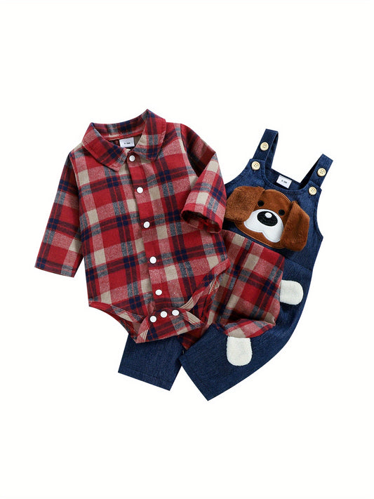 0.0-59.06ft Infant Baby Boy Spring Outfit Set: Adorable Soft Cotton Plaid Romper with Cute Cartoon Dog | Matching Long Sleeve Suspender Pants | Easy-Dressing Baby Clothes, Perfect for