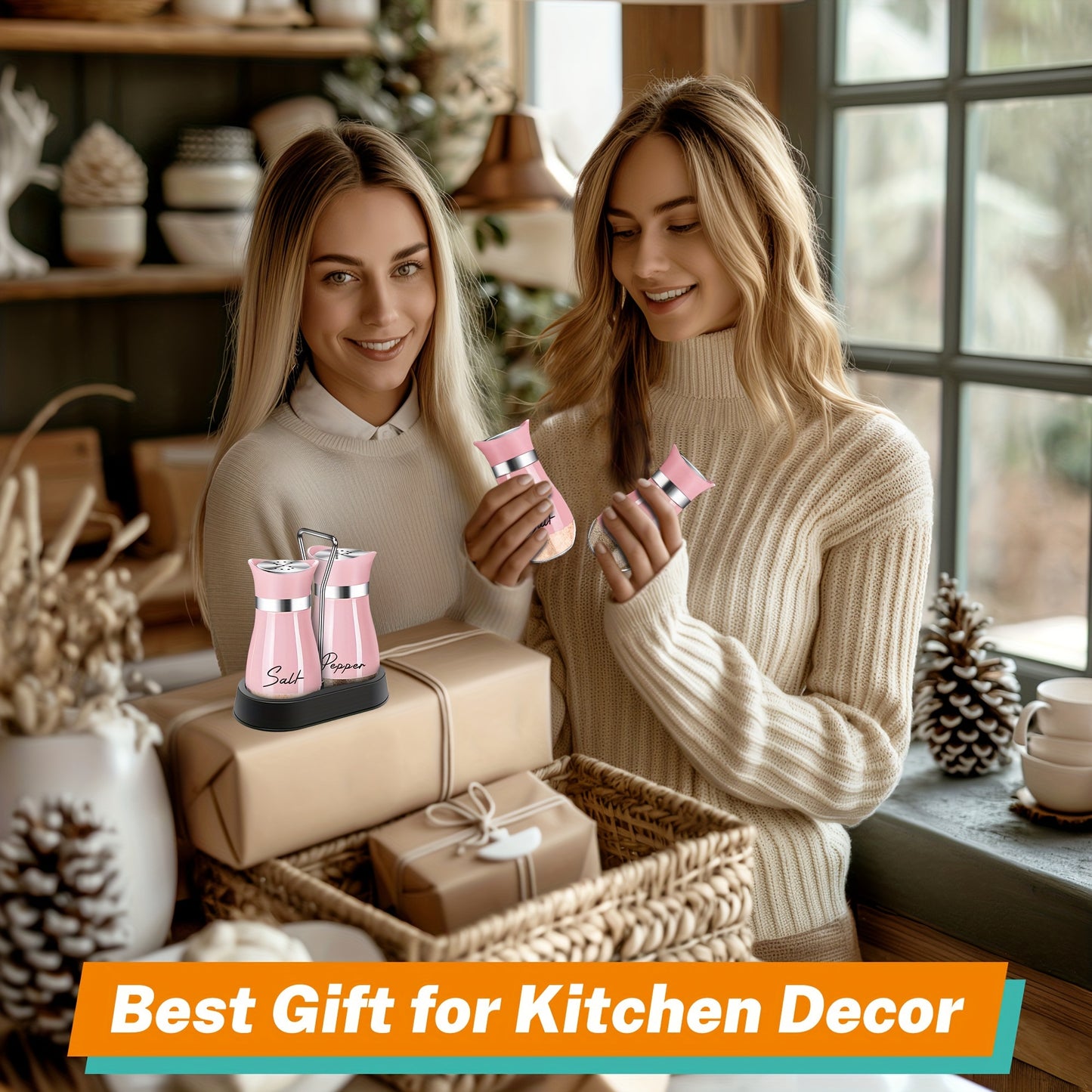 Pink Salt And Pepper Shakers Set with Holder, 4oz Kitchen Decor And Accessories Home Essentials Cute Household Items for Mother's Day Housewarming Gift Refillable Design (Pink) father gift