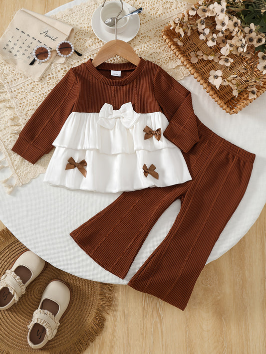 2pcs Girls' Long Sleeve Ruffled Hem Top & Flared Pants Set - Brown & White Bow-Decorated Outfit, Soft Stretchy Fabric, Perfect for Fall, Cute Elegant Playwear, Seasonal Wear, Ruffled Hem Design, Comfortable Fit, for Outdoor,