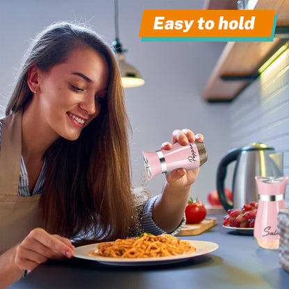 Pink Salt And Pepper Shakers Set with Holder, 4oz Kitchen Decor And Accessories Home Essentials Cute Household Items for Mother's Day Housewarming Gift Refillable Design (Pink) father gift