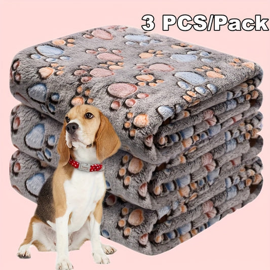 3-Pack Plush Pet Blanket with Paw Print & Coral Fleece - Soft Cozy All-Season Dog & Cat Bedding, Grey/Blue/Brown/Beige, Machine Washable Large Dog Bed or Couch Throw for Medium/Large/Small/X-Small Breeds, Warm Fleece Lined wi