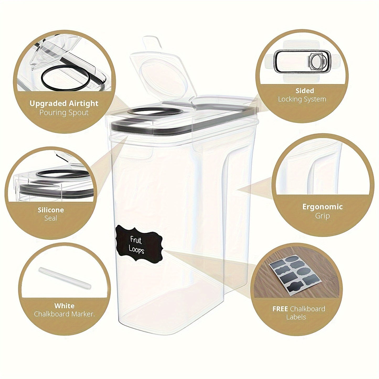 2/4 Pack BPA-Free Plastic Airtight Food Storage Containers 2.5L/88oz - 4pcs Set with Labels, Black, Dishwasher Safe, Stackable & Stackable Design for Cereal, Snacks, Sugar - Space-saving Kitchen Organization, Cereal Dispenser