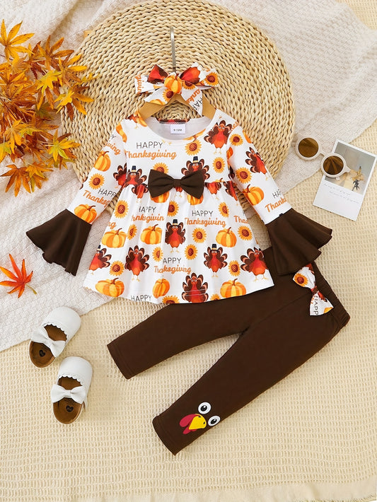 Baby Girl'S Thanksgiving Outfit - Festive Pumpkin & Turkey Print Top with Ruffled Sleeves, Brown Pants, and Matching Shoes, Perfect for Fall Celebrations, Thanksgiving Baby Clothes, for Outdoor