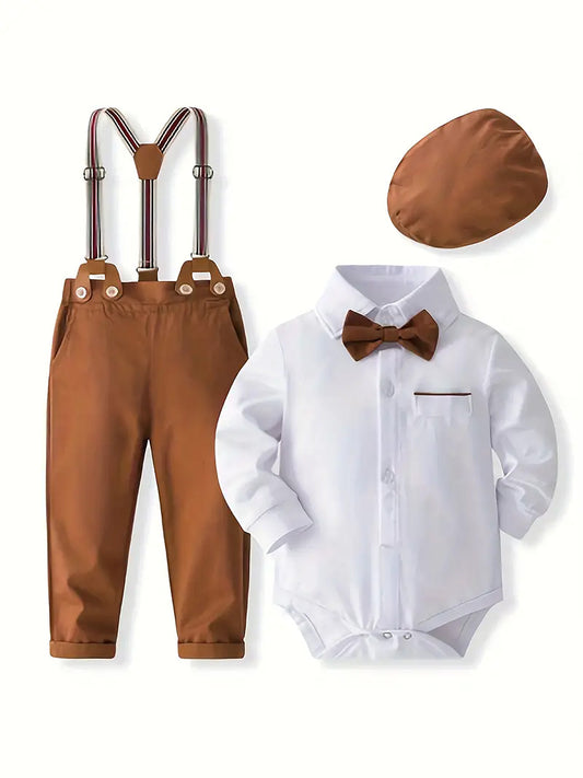 Baby Gentleman Outfit with Bow Tie, Hat & Suspender Pants Set - Formal V-Neck Long Sleeve Bodysuit, Solid Color, Button Details, Regular Fit for Toddlers & Boys, Perfect for Weddings, Birthdays & Special Occasions, Toddler Bo
