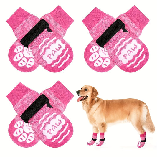 3 Pairs Anti-Slip Dog Socks with Grips - Paw Protectors for Small, Medium & Large Dogs on Hardwood, Hot/Cold Pavement - Traction Control, Prevents Licking, Pink with "PAW" Print Design, Seasonal Dog Wear | Pet Accessories | S