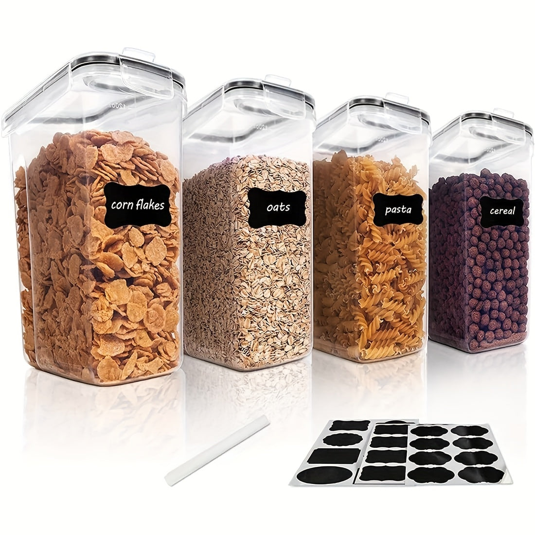 2/4 Pack BPA-Free Plastic Airtight Food Storage Containers 2.5L/88oz - 4pcs Set with Labels, Black, Dishwasher Safe, Stackable & Stackable Design for Cereal, Snacks, Sugar - Space-saving Kitchen Organization, Cereal Dispenser