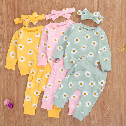 2021 Spring Fall Baby Clothes Set Floral Printed Sweatshirts Tops+Pants+Bow Headband Outfit Girls Clothing Set 3pcs