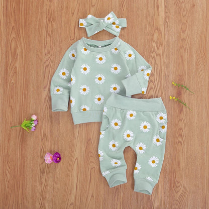 2021 Spring Fall Baby Clothes Set Floral Printed Sweatshirts Tops+Pants+Bow Headband Outfit Girls Clothing Set 3pcs