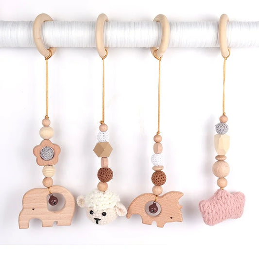 Hanging Beech Wood Baby Wooden Teether Custom Wooden Animal Room Decoration Gifts Set Teether Rattle Baby Toys Set