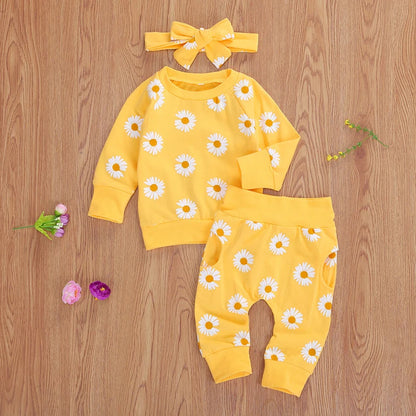 2021 Spring Fall Baby Clothes Set Floral Printed Sweatshirts Tops+Pants+Bow Headband Outfit Girls Clothing Set 3pcs