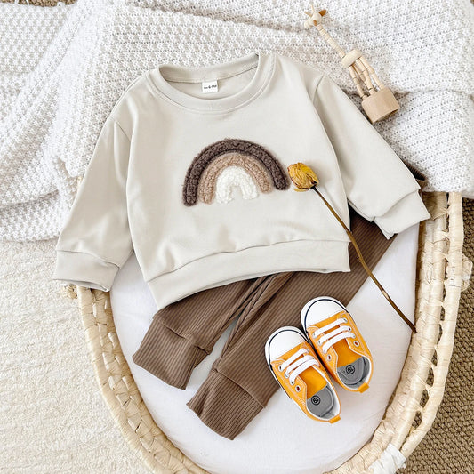 New Baby Casual Wear Sets Rainbow Patchwork Pullover with Top and Bottom for Boys and Girls Spring Autumn Infant Outfit