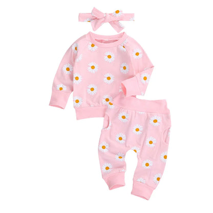 2021 Spring Fall Baby Clothes Set Floral Printed Sweatshirts Tops+Pants+Bow Headband Outfit Girls Clothing Set 3pcs