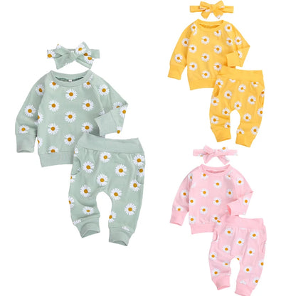 2021 Spring Fall Baby Clothes Set Floral Printed Sweatshirts Tops+Pants+Bow Headband Outfit Girls Clothing Set 3pcs