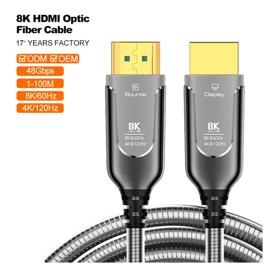 Customized A149-4 for HDMI 2.1 30M 8K 60Hz 3D Fiber Optic Cable with Zinc Alloy Armor Jacket for HDMI Cable for DVD Monitor TV