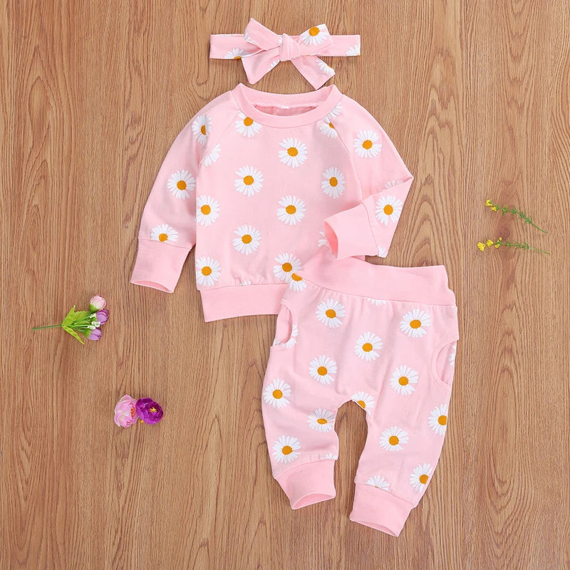2021 Spring Fall Baby Clothes Set Floral Printed Sweatshirts Tops+Pants+Bow Headband Outfit Girls Clothing Set 3pcs