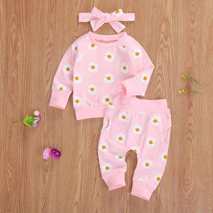 2021 Spring Fall Baby Clothes Set Floral Printed Sweatshirts Tops+Pants+Bow Headband Outfit Girls Clothing Set 3pcs