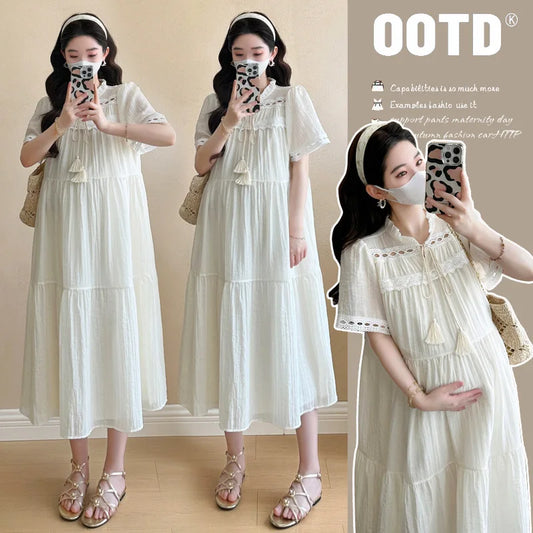 Pregnant Women's Clothing 2025 Summer New Fashionable Loose and Age Reducing Temperament Mid Length Dress