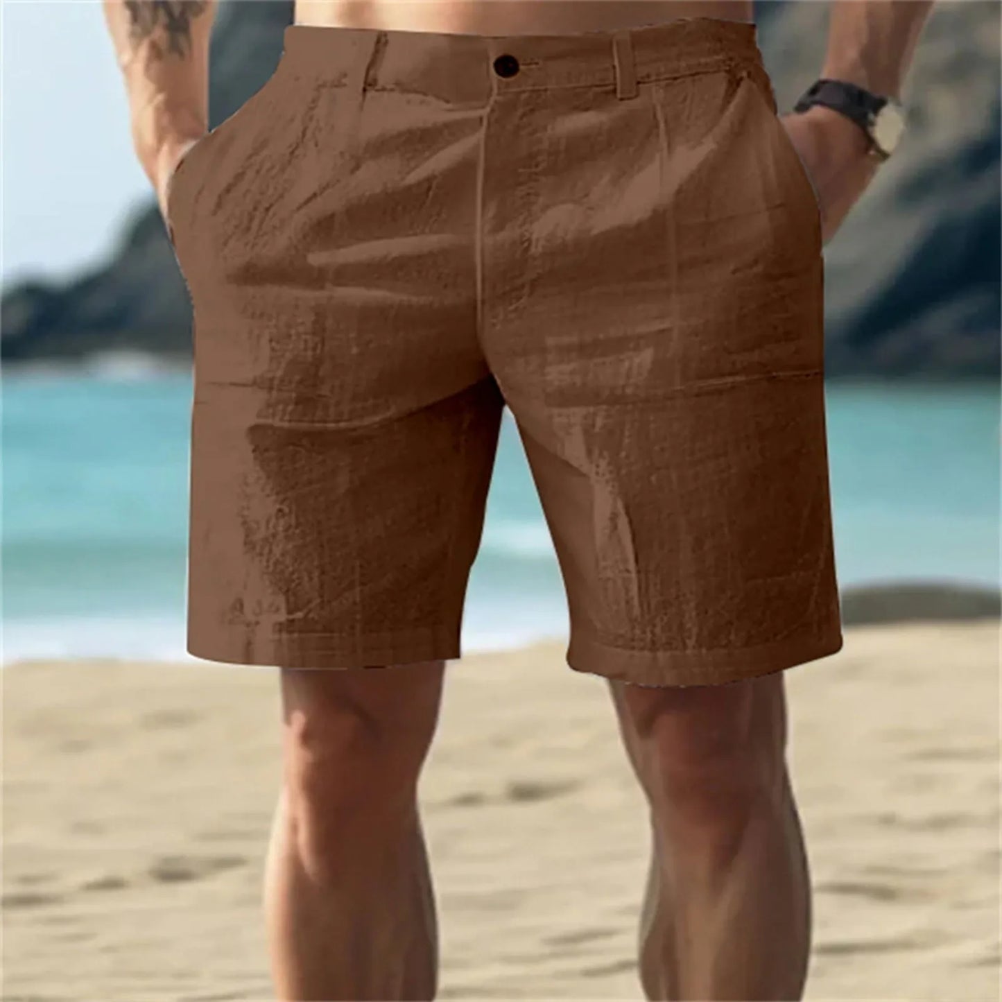 2025Men's Solid Color Casual Short Pants Linen Beach Breathable Comfortable Straight Short Trousers Hawaiian Holiday Men'S Pants