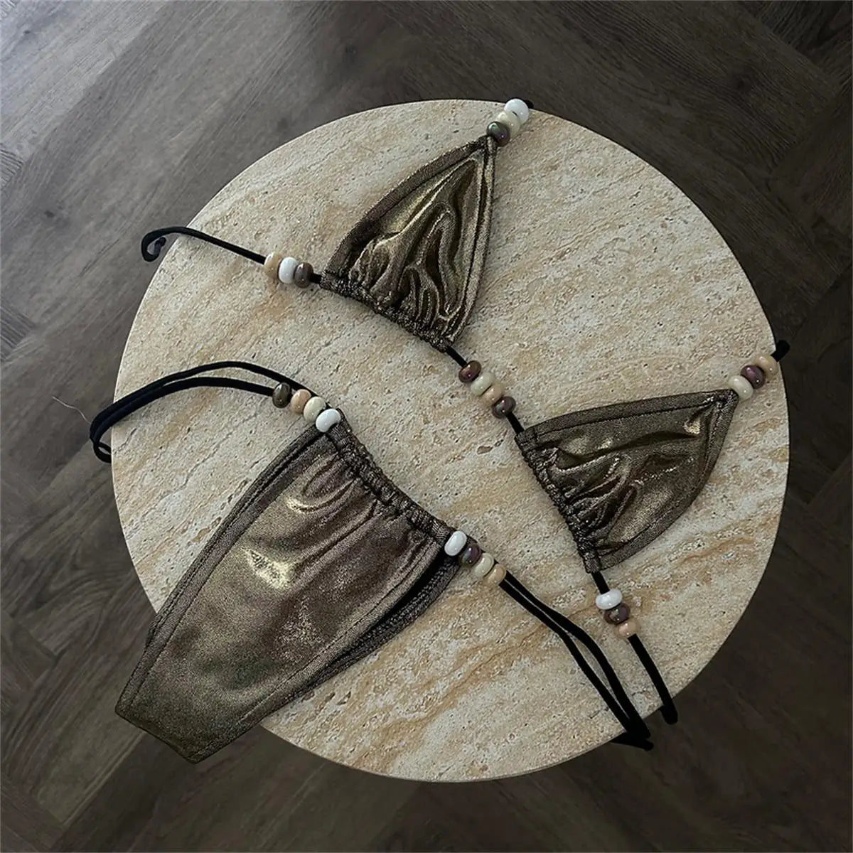 2025 Women's Two-Piece Swimsuit Pink Marble Pattern with Beaded Straps Perfect for Beach Wear and Pool Parties Summer Getaways