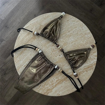 2025 Women's Two-Piece Swimsuit Pink Marble Pattern with Beaded Straps Perfect for Beach Wear and Pool Parties Summer Getaways