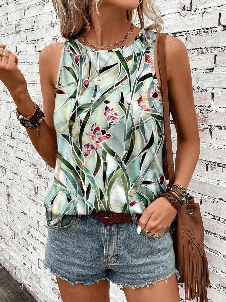 2024 New Urban Street Fashion Women's Crew-neck Tank Top Summer Daily Casual Women's Tank Top Flower Print Sleeveless T-shirt