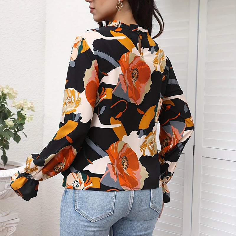 2024 Women's shirt fashion flower print design shirt new long sleeve 100 round neck casual flared cuff breathable fiber material