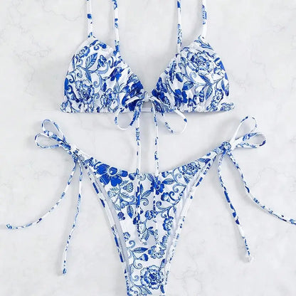 2025 Women's Swimsuit 2-Piece Sets Blue-And-White Print Sexy Bikini Separate Swimsuit Women's Swimwear Triangle Design Bikinis