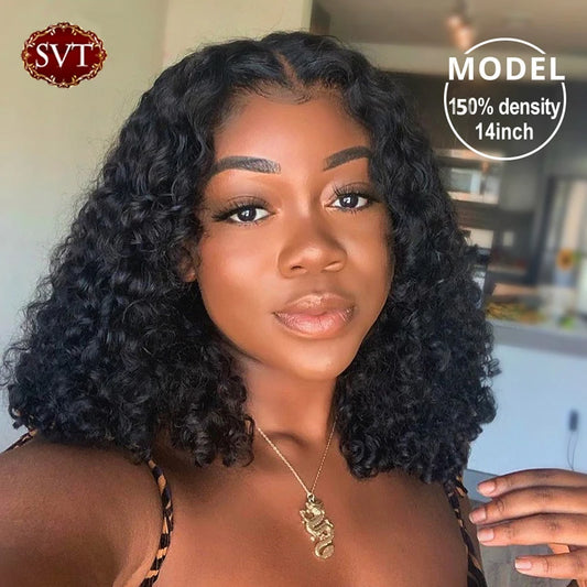 Brazilian Deep Wave Human Hair Bob Closure Wig Natural Hairline SVT Remy Hair Short Deep Curly Bob Lace Wig Preplucked Baby Hair