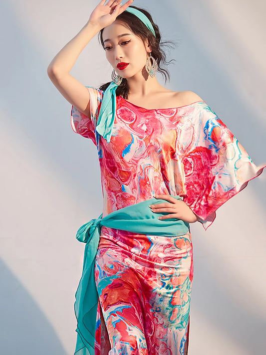 Women Belly Dance Clothes Belly Dance Robe Printed Folk Shaabi Practice Suit Baladi Practice Female Elegant Performance Clothing