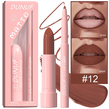 Red Brown Matte Lipstick Lip Liner Set Waterproof Long Lasting Hydrating Non Sticky Contour Lip Makeup