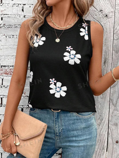 2024 New Urban Street Fashion Women's Crew-neck Tank Top Summer Daily Casual Women's Tank Top Flower Print Sleeveless T-shirt