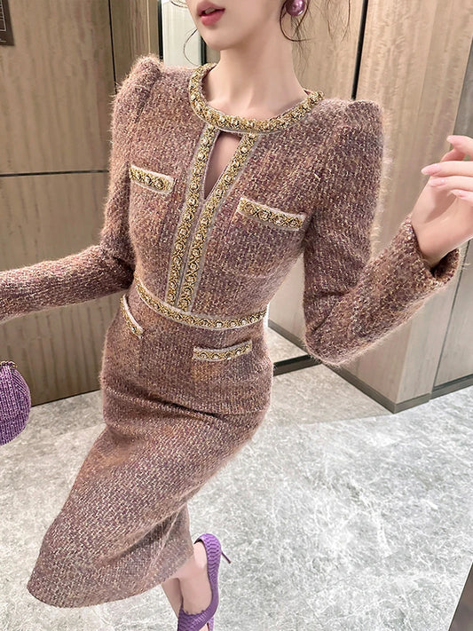 Women Clothes Vintage Luxury Tweed  Formal Dress Female Elegant Fashion Business Party Vestidos Hollow Diamond Professional Robe