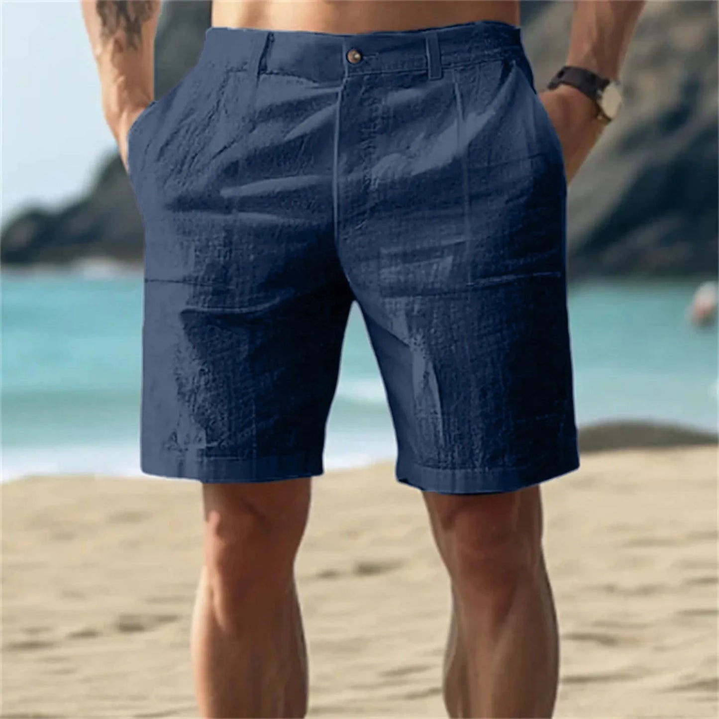 2025Men's Solid Color Casual Short Pants Linen Beach Breathable Comfortable Straight Short Trousers Hawaiian Holiday Men'S Pants