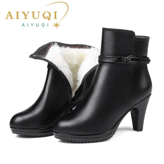 AIYUQI  Women Ankle Boots 2025 New Genuine Leather Women Winter Boots Wool Warm Women Booties High-heeled Women Snow Boots