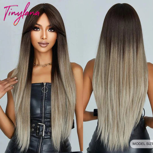 Long Straight Ombre Brown Gray Synthetic Wigs with Bangs Ash Cosplay Natural Hair Wig for Black Women Party Daily Heat Resistant