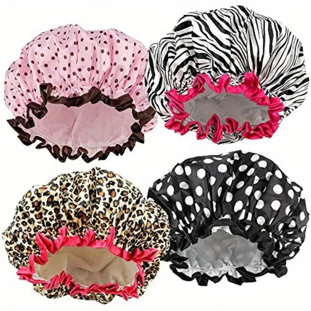 1pc Waterproof Shower Cap Leopard Print Double Layer Elastic Shower Hair Cover Reusable Wave Point Shower Cap Bathing Supplies