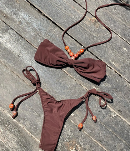 2025 Women's Two-Piece Swimsuit Pink Marble Pattern with Beaded Straps Perfect for Beach Wear and Pool Parties Summer Getaways