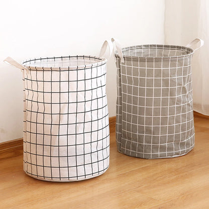 Household Dirty Clothes Basket Toy Storage Bucket Plaid Fabric Cotton Linen Dirty Clothes Basket Large Foldable Waterproof Stora