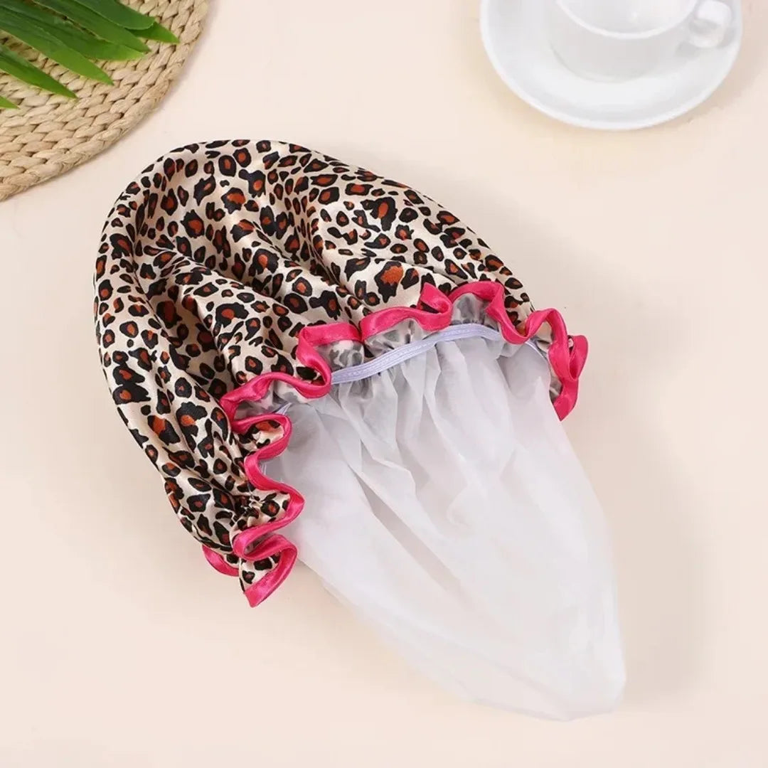 1pc Waterproof Shower Cap Leopard Print Double Layer Elastic Shower Hair Cover Reusable Wave Point Shower Cap Bathing Supplies