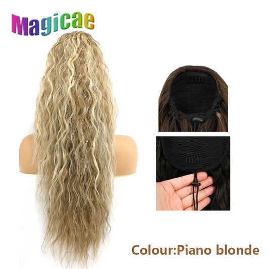 Magicae Drawstring Ponytail 28Inches 180Gram Blond 613 Water Wave Synthetic Heat Resistant Fiber Ombre Brown Highlight With Clip