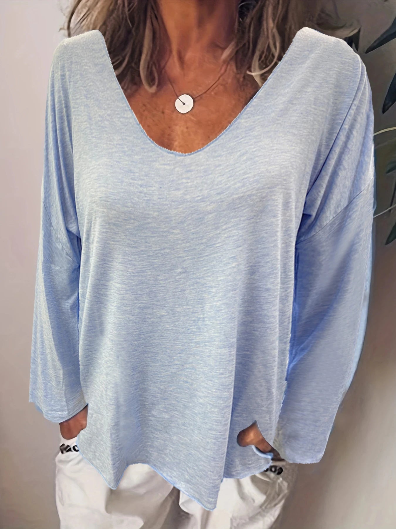 2023 Autumn Womens Clothing Solid Color T Shirts Casual Loose Tops Femme V-Neck Blouses Long Sleeve Thin Clothes Fashion Daily