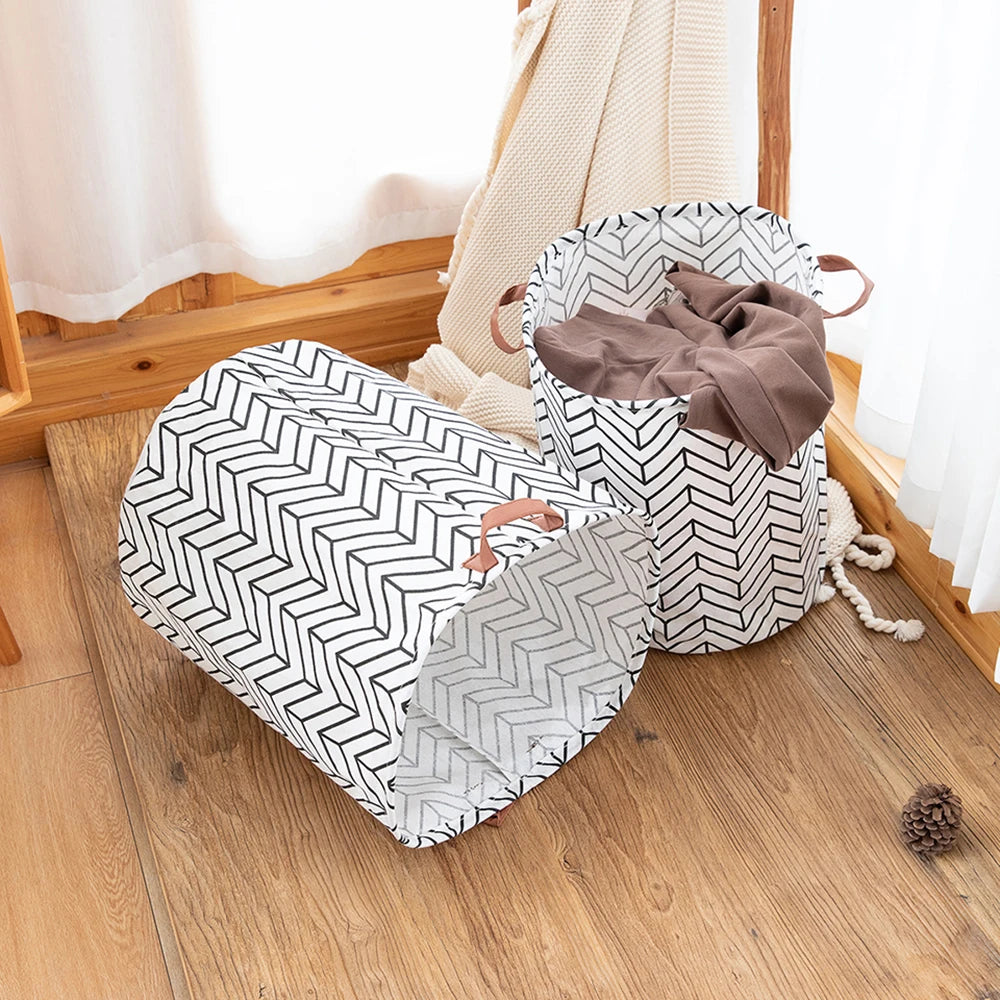 Household Dirty Clothes Basket Toy Storage Bucket Plaid Fabric Cotton Linen Dirty Clothes Basket Large Foldable Waterproof Stora