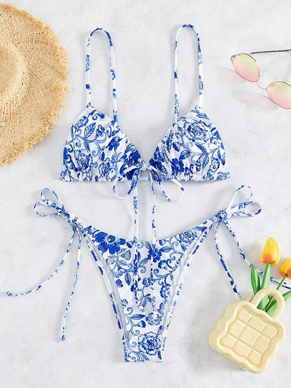 2025 Women's Swimsuit 2-Piece Sets Blue-And-White Print Sexy Bikini Separate Swimsuit Women's Swimwear Triangle Design Bikinis