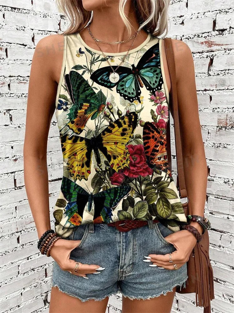 2024 New Urban Street Fashion Women's Crew-neck Tank Top Summer Daily Casual Women's Tank Top Flower Print Sleeveless T-shirt