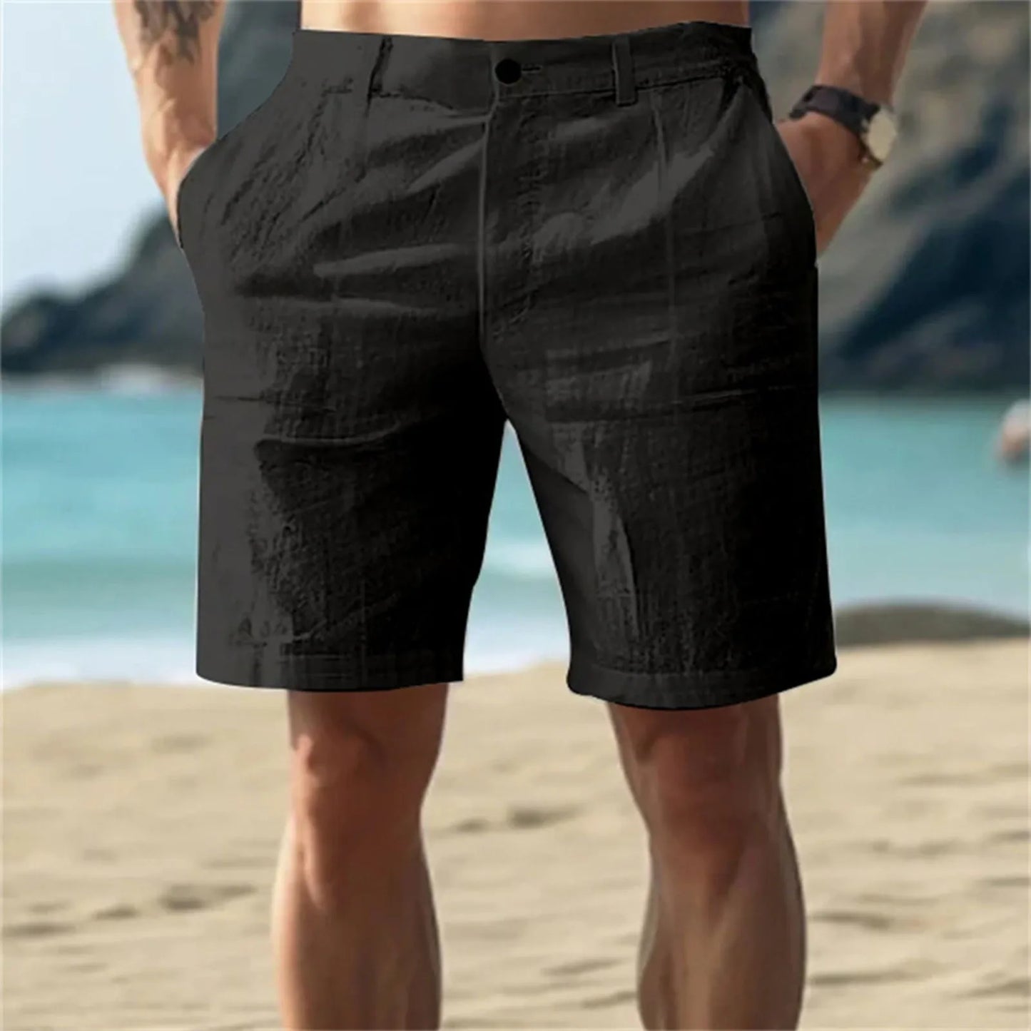 2025Men's Solid Color Casual Short Pants Linen Beach Breathable Comfortable Straight Short Trousers Hawaiian Holiday Men'S Pants