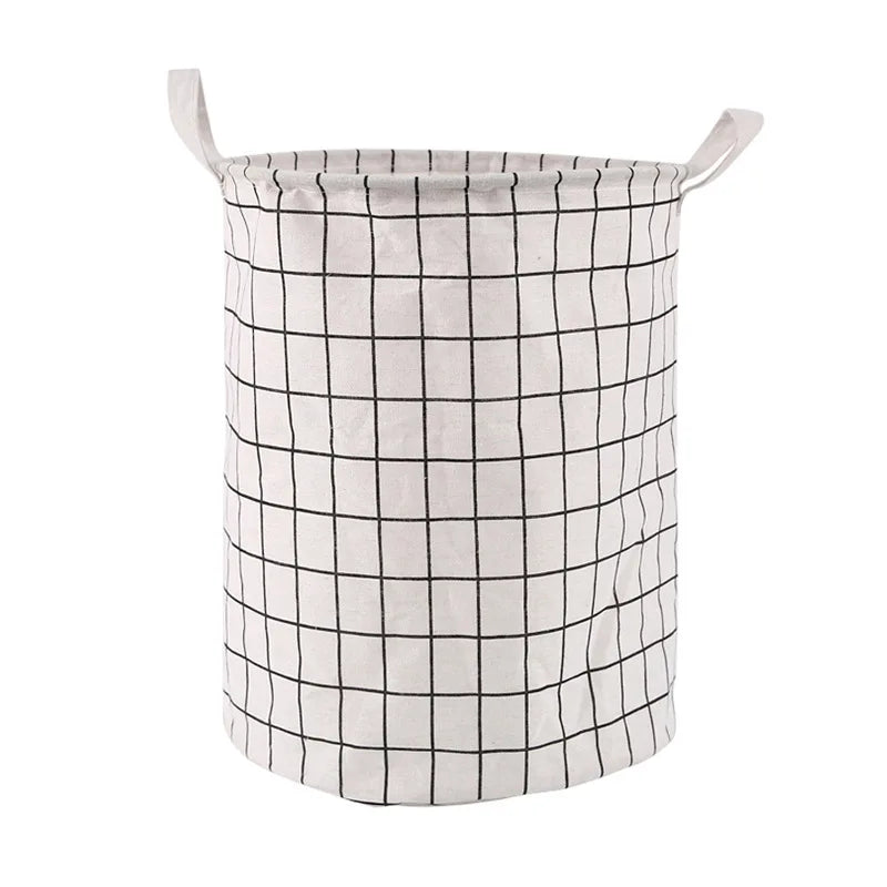 Household Dirty Clothes Basket Toy Storage Bucket Plaid Fabric Cotton Linen Dirty Clothes Basket Large Foldable Waterproof Stora
