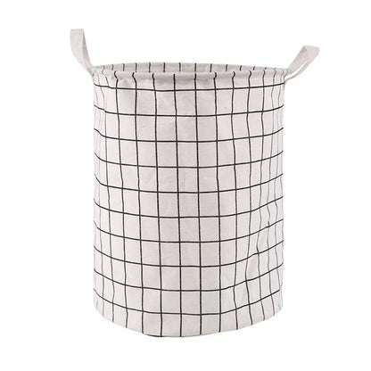 Household Dirty Clothes Basket Toy Storage Bucket Plaid Fabric Cotton Linen Dirty Clothes Basket Large Foldable Waterproof Stora
