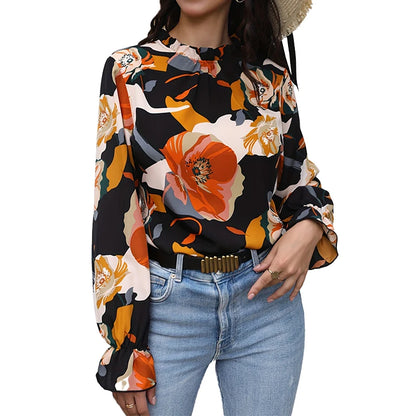 2024 Women's shirt fashion flower print design shirt new long sleeve 100 round neck casual flared cuff breathable fiber material